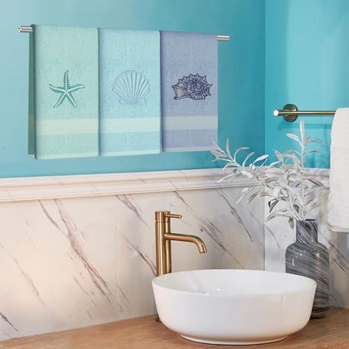 3 Pcs Coastal Hand Towels Ocean Decorative Bathroom Towels Decors Beach Hand Towel Embroidered Towel Decorative Set 100% Cotton Soft Absorbent Towels for Bathroom Decors