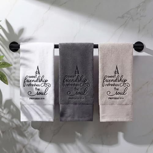 Tiamon 3 Pcs Bathroom Towel Decorative Set 100% Cotton Fluffy Bath Hand Towels for Guest Gifts Farmhouse Kitchen Hand Towels Home(Black, White, Gray,30 x 13 Inch,Friendship)