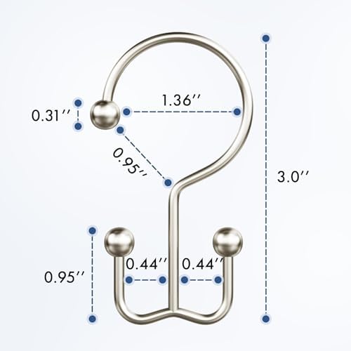 Bathway Shower Curtain Hooks Matte Nickel Shower Curtain Rings, 12 Pcs Double Hook Shower Curtain Hooks Rings Shower Curtain Hangers Rust Proof, Metal Shower Hooks for Bathroom Shower Curtain Rod