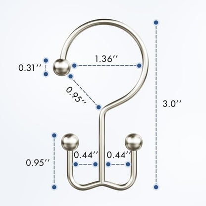 Bathway Shower Curtain Hooks Matte Nickel Shower Curtain Rings, 12 Pcs Double Hook Shower Curtain Hooks Rings Shower Curtain Hangers Rust Proof, Metal Shower Hooks for Bathroom Shower Curtain Rod