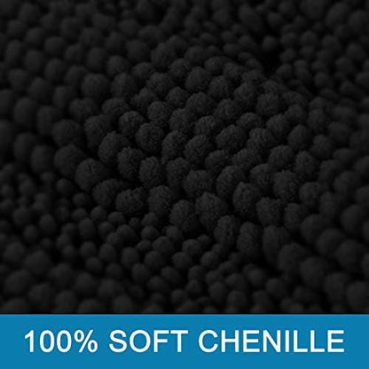 H.VERSAILTEX 2 Piece Bathroom Set - Super Absorbent Chenille Striped Bath Mats, Non Skid, Machine Washable - Jet Black, 47 x 17 Plus 17 x 24 Inches