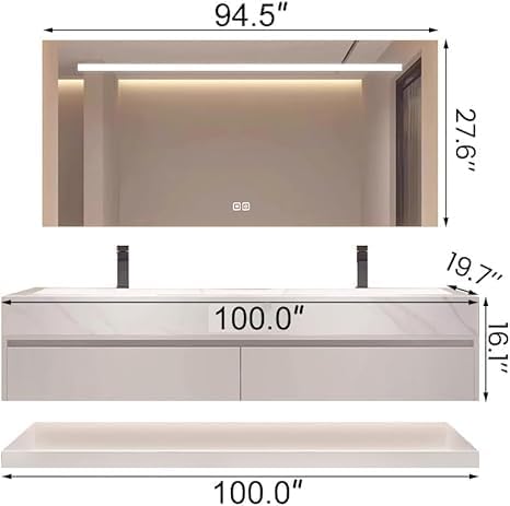 Bathroom Vanity with Sink, Single Sink Bathroom Vanity with Smart LED Defog Mirror, Display Time, Ceramic Sink, Soft Closing, Fully Pre-Assembled (White, 100in Mirror Double Sink)