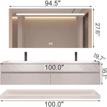 Bathroom Vanity with Sink, Single Sink Bathroom Vanity with Smart LED Defog Mirror, Display Time, Ceramic Sink, Soft Closing, Fully Pre-Assembled (White, 100in Mirror Double Sink)
