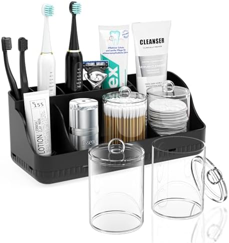 Bathroom Counter Organizer and Storage with 2 Pack Qtip Holder Dispenser, 7 Slots Detachable Toothbrush Holders for Bathrooms, Anti-Slip Electric Toothbrush and Toothpaste Holder Countertop