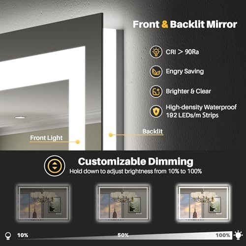 Briivue 36x30 Inch LED Bathroom Mirror with Lights, Backlit & Front Lit