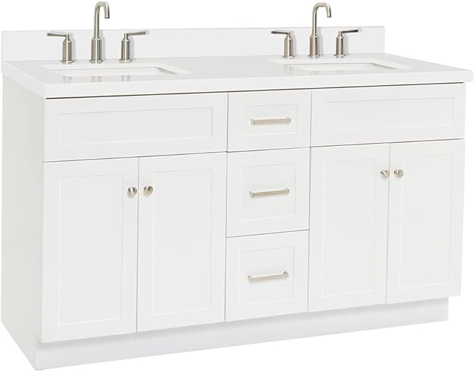 ARIEL Hamlet 60-inch Bathroom Vanity with Sink,Solid Wood, 1.5-inch Pure White Quartz Countertop & Backsplash, Double Rectangular Porcelain Sink, 4 Soft Closing Doors, 3 Dovetail Drawers, White