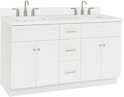 ARIEL Hamlet 60-inch Bathroom Vanity with Sink,Solid Wood, 1.5-inch Pure White Quartz Countertop & Backsplash, Double Rectangular Porcelain Sink, 4 Soft Closing Doors, 3 Dovetail Drawers, White