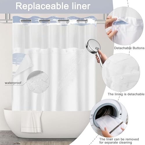 No Hook Shower Curtain with Liner, Navy Blue Stripe, 71x74 Inch