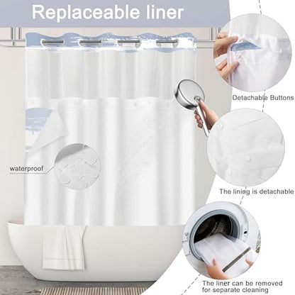 No Hook Shower Curtain with Liner, Navy Blue Stripe, 71x74 Inch