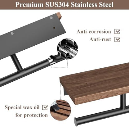 Tindbea Double Toilet Paper Holder with Wood Shelf, Wooden Wall Mount Toilet Paper Roll Holder, Matte Black Stainless Steel Bathroom Toilet Tissue Holder (Walnut)