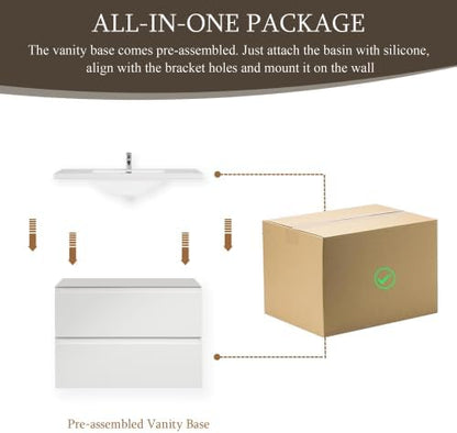KEIKI 30'' Wall-Mounted Bathroom Vanity with Sink - Floating Design, 2 Soft-Close Drawers & Resin Basin, Space-Saving for Small Bathrooms, Glossy White