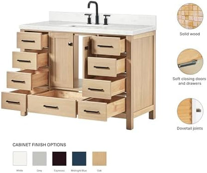 ARIEL Cambridge 48-inch Bathroom Vanity with Sink,Solid Wood, 1.5-inch Carrara White Quartz Countertop, Single Rectangular Porcelain Sink, 2 Soft Closing Doors, 9 Dovetail Drawers, White Oak