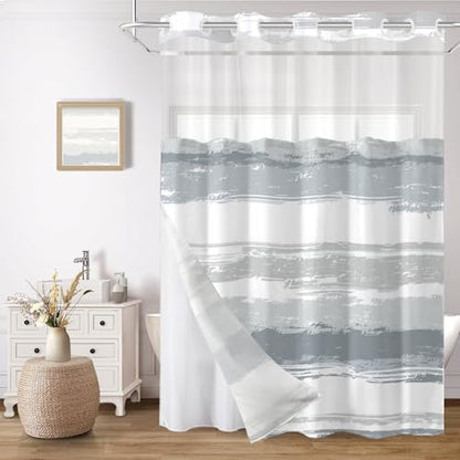 No Hook Shower Curtain with Liner, Grey Stripe, 71x84 Inch