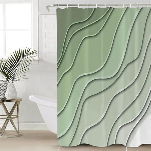 Shower Curtain Bathroom Set Gradient Sage Green Ocean Wave Line Waterproof Shower Curtains with Grommets Hooks Simple Striped Privacy Bath Curtain for Bathtub Decor 72x78in