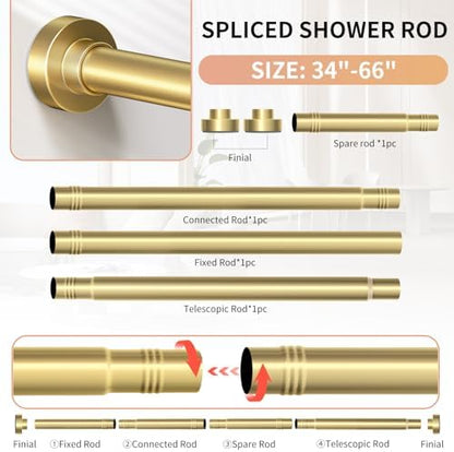 Gold Shower Curtain Rod 34-66 Inches(2.8-5.5ft) Never Rust Adjustable Shower Rod Spring Tension Non Slip No Drilling Shower Rods for Bathroom Garland Window