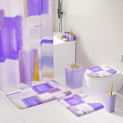 XLHOMO Bathroom Accessories Set - 25PC Bathroom Set with Shower Curtain and Rugs, Purple Bathroom Set, Bathroom Accessory Set with Press-on Lid Trash Can, Soap Dispenser and Qtip Holders for Home
