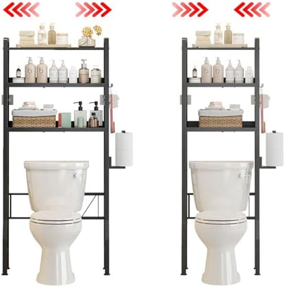 Over the Toilet Storage Shelf 3-Tier Adjustable Bathroom Organizers and Storage Shelves Bathroom Rack Above Toilet Storage with Paper Holder and 4 Hooks Space Saver Storage for Laundry