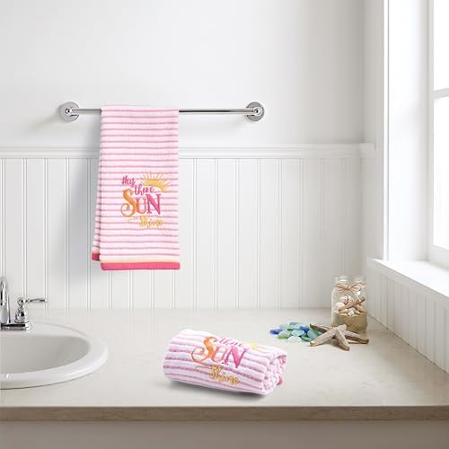 Ritz 2-Piece Cotton Velour Bathroom Hand Towel Set, Embroidered Hey Sunshine Design, Pink Pinstripe Decorative Bathroom Towels for Guest Bath, Kids Room, or Nursery, 16” x 26”