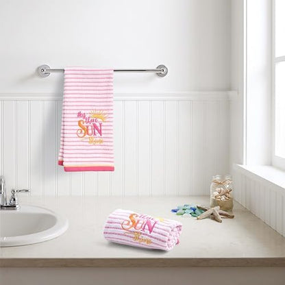 Ritz 2-Piece Cotton Velour Bathroom Hand Towel Set, Embroidered Hey Sunshine Design, Pink Pinstripe Decorative Bathroom Towels for Guest Bath, Kids Room, or Nursery, 16” x 26”