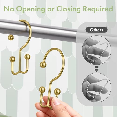 Amazer Gold Shower Curtain Hooks, 12PCS Minimalist Simple Double Shower Curtain Rings, Rust-Resistant Metal Shower Hooks Shower Curtain Hangers, Shower Rings for Bathroom Shower Rods Curtains