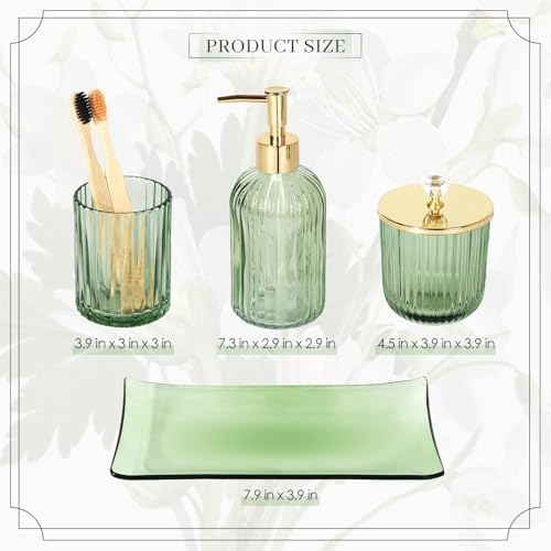 Designer Green Glass Bathroom Accessories Sets - 4 Pcs with Lotion Soap Dispenser, Bathroom Toothbrush Holder, Vanity Tray, and Apothecary Jar, Vintage Bathroom Decor