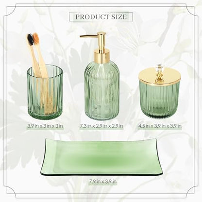 Designer Green Glass Bathroom Accessories Sets - 4 Pcs with Lotion Soap Dispenser, Bathroom Toothbrush Holder, Vanity Tray, and Apothecary Jar, Vintage Bathroom Decor