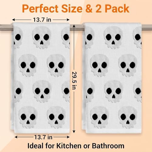2 Pack Halloween Hand Towels 100% Cotton Jacquard Skeleton Halloween Kitchen Towels White Bathroom Towels Set Seasonal Bathroom Decor(White Skeleton, Halloween)
