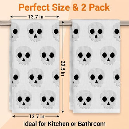 2 Pack Halloween Hand Towels 100% Cotton Jacquard Skeleton Halloween Kitchen Towels White Bathroom Towels Set Seasonal Bathroom Decor(White Skeleton, Halloween)