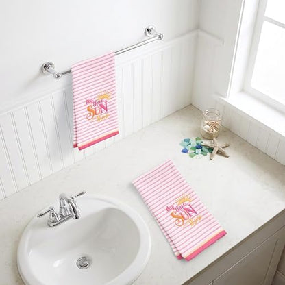 Ritz 2-Piece Cotton Velour Bathroom Hand Towel Set, Embroidered Hey Sunshine Design, Pink Pinstripe Decorative Bathroom Towels for Guest Bath, Kids Room, or Nursery, 16” x 26”