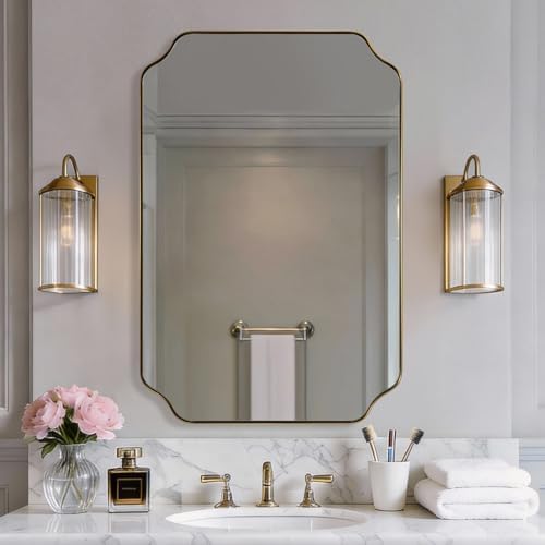 MIRRORART Gold Bathroom Mirror 24x36 Inch, Scalloped Mirrors for Bathroom Sink, Notched Corner Rectangle Mirror in 1’’ Stainless Steel Metal Frame Home Remodel Wall Mount Vertical/Horizontal