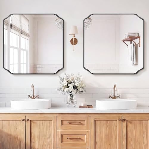 Vanity Bathroom Mirror, 30" x 30" Black Scalloped Mirror for Wall
