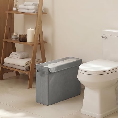 Cupic Cupid Toilet Paper Storage Baskets, Bathroom Toilet Paper Storage with Lid, Holds 12 Regular or 9 Mega Rolls, Slim Toilet Tissue Holder Basket with Clear PVC Lid and Handles, Grey