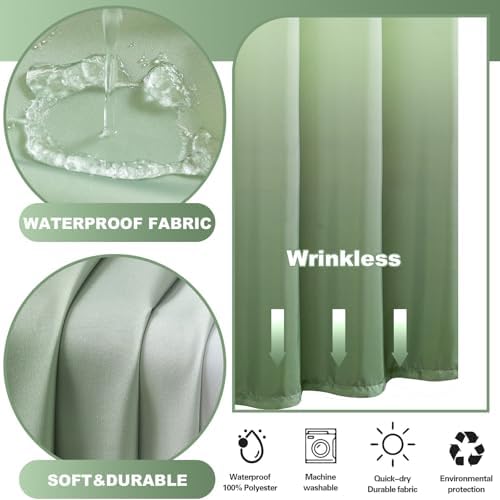 No Hook Shower Curtain and Liner Set for Bathroom, Ombre Green, 71" x 74"