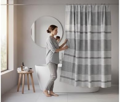 Serafina Home Striped Silver Light Grey Gray & White Cotton Shower Curtain