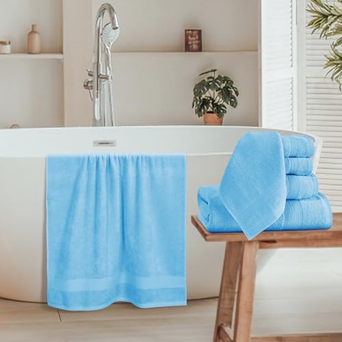 Belizzi Home 8 Piece Towel Set 100% Ring Spun Cotton, 2 Bath Towels 27x54, 2 Hand Towels 16x28 and 4 Washcloths 13x13 - Ultra Soft Highly Absorbent Machine Washable Hotel Spa Quality - Light Blue