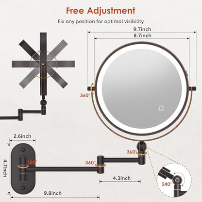 9" Wall Mounted Lighted Makeup Mirror,4000mAh Rechargeable Double Sided 1X/20X Magnifying Mirror with Light,Touch Dimmable,Extended Arm 360 Rotation Wall Mounted Makeup Mirror 3 Color Lights-Bronze