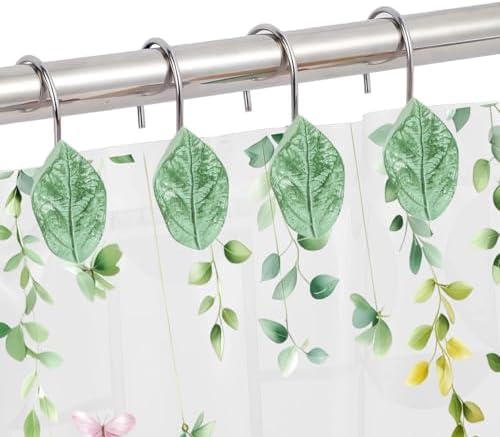 12Pcs Eucalyptus Leaves Shower Curtain Hooks Decorative for Curtain Rods, Green Leaf Shower Curtain Rings, Silver Stainless Steel Metal Shower Curtain Hanger Hooks, Cute Botanical Bathroom Decor