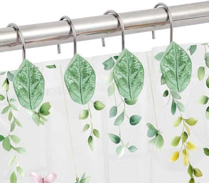 12Pcs Eucalyptus Leaves Shower Curtain Hooks Decorative for Curtain Rods, Green Leaf Shower Curtain Rings, Silver Stainless Steel Metal Shower Curtain Hanger Hooks, Cute Botanical Bathroom Decor