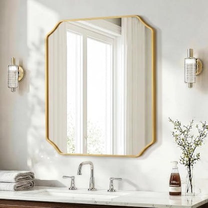 Delma Bathroom Vanity Mirror, Black Framed Aluminum Bathroom Mirror for Over Sink, Scalloped Round Corner Wall Mirror, High-Definition Vanity Mirror, Hangs Horizontally or Vertically (30x24,Gold)