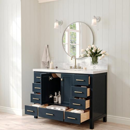 ARIEL Cambridge 48-inch Bathroom Vanity with Sink,Solid Wood, 1.5-inch Italian Carrara Marble Countertop, Single Rectangular Porcelain Sink, 2 Soft Closing Doors, 9 Dovetail Drawers, Midnight Blue