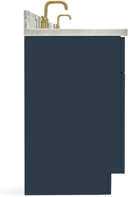 ARIEL Hamlet 60-inch Bathroom Vanity with Sink,Solid Wood, 1.5-inch Italian Carrara Marble Countertop, Double Rectangular Porcelain Sink, 4 Soft Closing Doors, 3 Dovetail Drawers, Midnight Blue
