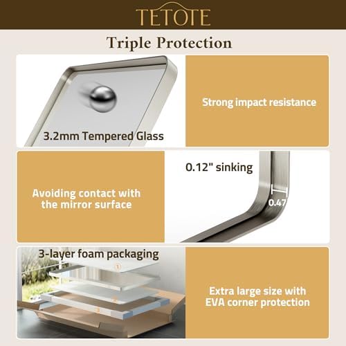 TETOTE Brushed Nickel Bathroom Mirror 40 x 30 Inch Brushed Nickel Metal Framed Bathroom Mirror, Tempered Glass, Modern Farmhouse Wall Mounted Mirror for Decorative(Horizontal/Vertical)