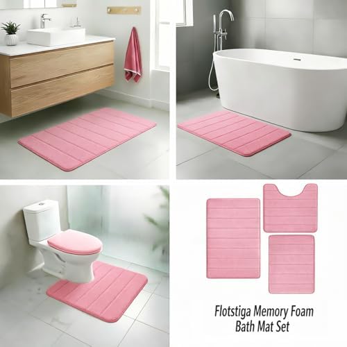 Memory Foam Bath Mat Set 3 Piece，Super Soft Absorbent Bathroom Rug Non Slip, Quick Dry,Machine Wash, Perfect Plush Bathroom Rugs,Home Decor Accessories,Pink