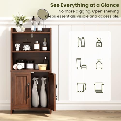 Small Bathroom Storage Cabinet with 2 Doors & Shelf, Line Walnut