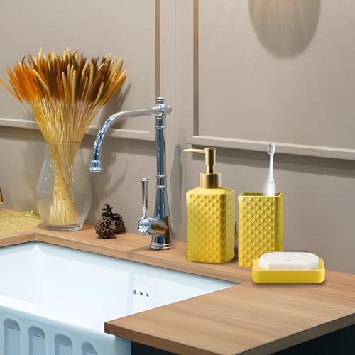 Jessie Bathroom Accessories Set, 3 or 4-Piece Ceramic Bathroom Accessory Set,Soap Dispenser,Toothbrush Holders Set,Tumbler,Soap Dish Embossed Matte Bathroom for Modern Bathrooms (Yellow 3-Piece Suit)