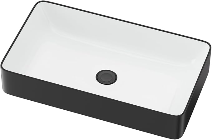 White and Black Bathroom Sink Ceramic Art Basin Above Counter | 24"x14" Rectangular Bathroom Vessel Sink Porcelain Vessel Vanity Sink