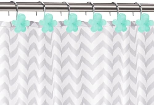 Cute Flower Shower Curtain Hooks, Glow in The Dark, Pretty Floral Themed Elegant Bathroom Decor, Teal