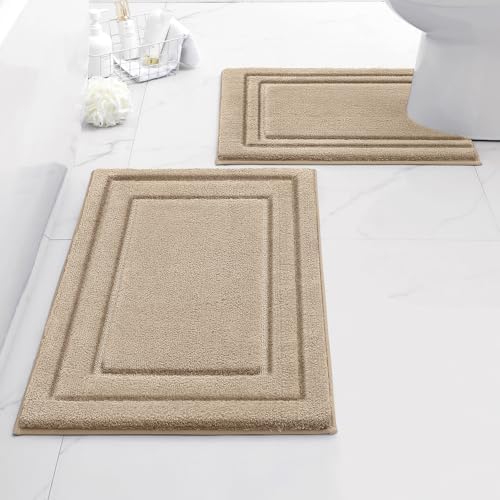 HOMEIDEAS Bathroom Rugs Sets 2 Piece, U-Shaped Toilet Rug Khaki