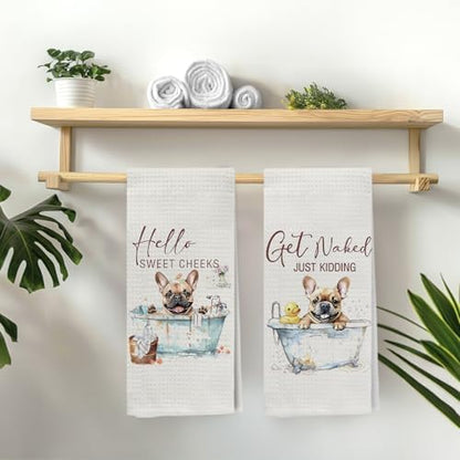 Funny Pug Hand Towels, Hello Sweet Cheeks Bathroom Decor, Pug Gifts for Pug Lovers, Pug Gifts Decorative Hand Towels for Bathroom Washroom Restroom, 16x24 Inch Set of 2