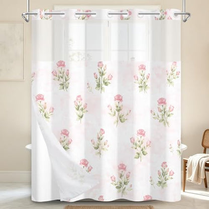 No Hook Shower Curtain with Snap in Liner 71x74 Inch